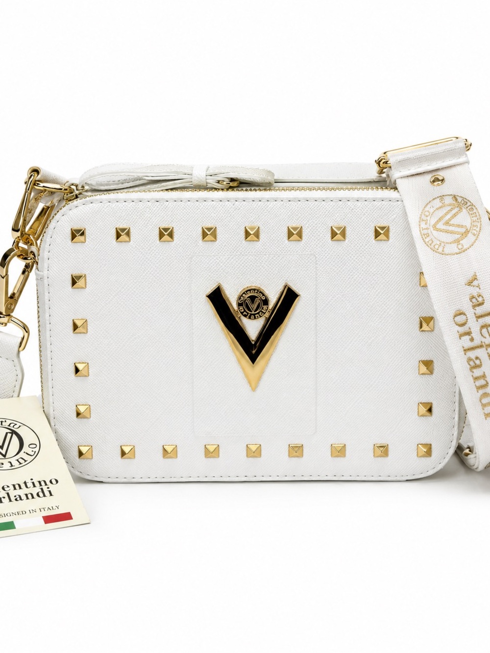 Valentino Orlandi White Gold Studded Camera Crossbody Bag NWT - Picture 6 of 10